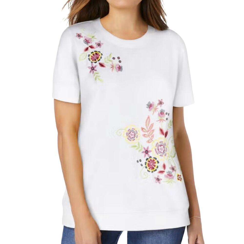 Woman Within French Terry Sweatshirt Size 1X Floral Embroidery Short Sleeve